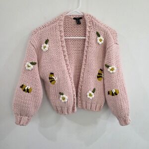 Forever 21 Girls Cardigan Size 7/8 Pink Bumblebee Daisy Chunky Knit Sweater